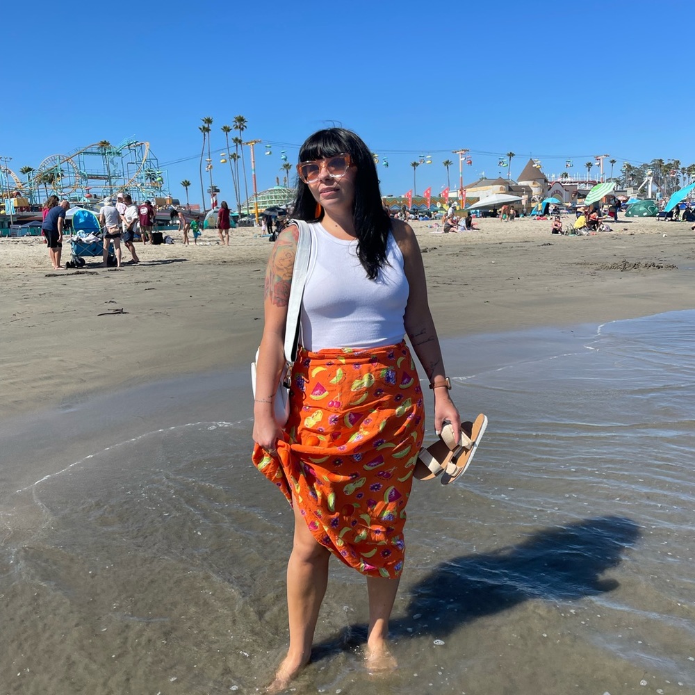 Love Lies Orange Fruit Print Midi Skirt - Large